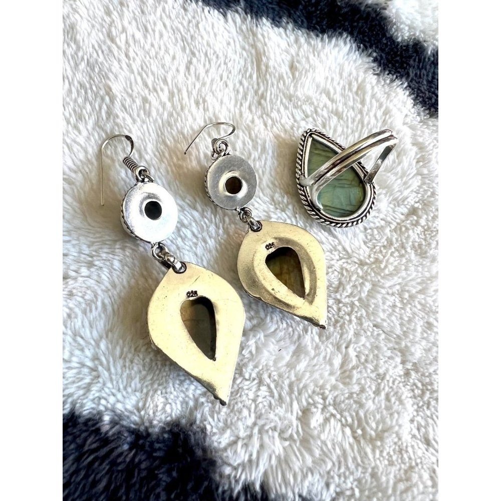 925 Super Flash Labradorite Earrings + Ring Set - Picture 3 of 8